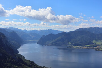 Idyllic panorama of mointain Lake Traunsee in Gmunden Austria