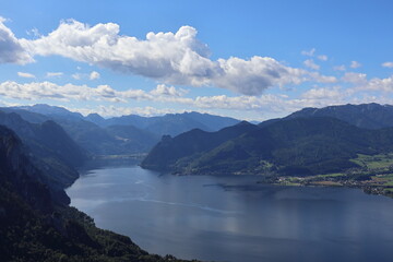 Idyllic panorama of mointain Lake Traunsee in Gmunden Austria