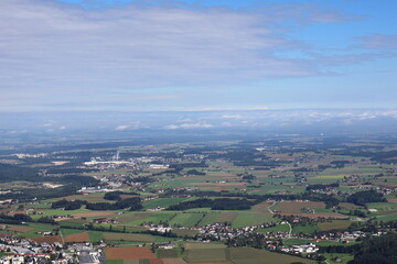 Obraz premium Idyllic panorama of a hilly agricultural landscape, farmland scenery, rural countryside, scenic view