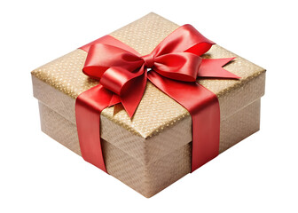 Obraz premium Gold Textured Gift Box With Red Satin Ribbon And Bow present celebration isolated on a transparent background