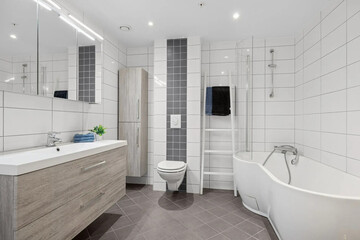 Modern bathroom interior in minimal scandinavian style, 3d render