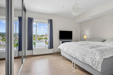 Modern luxury bedroom interior in minimal scandinavian style, 3d render
