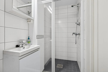 Modern bathroom interior in minimal scandinavian style, 3d render