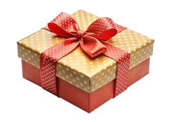 Obraz premium Red And White Polka Dot Ribbon Tied Gift Box With Gold Lid present celebration isolated on a transparent background