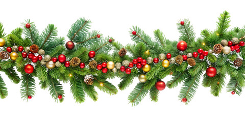 Seamless Christmas Garland with Ornaments and Lights image graphic isolated on a transparent background