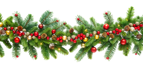 Seamless Christmas Garland with Ornaments and Lights image graphic isolated on a transparent background