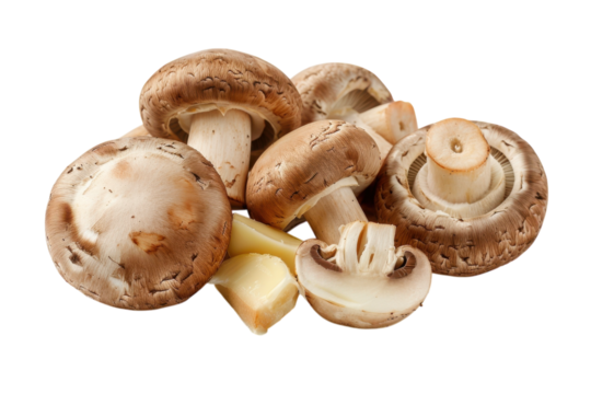 Freshly harvested brown mushrooms and garlic cloves arranged against a clean white backdrop, showcasing their natural textures and colors isolated on transparent background