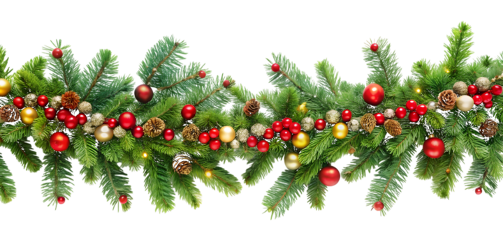 Seamless Christmas Garland with Ornaments and Lights image graphic isolated on a transparent background