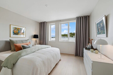 Fototapeta premium Modern luxury bedroom interior in minimal scandinavian style, 3d render 