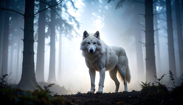 Majestic Arctic Wolf in Foggy Forest.
