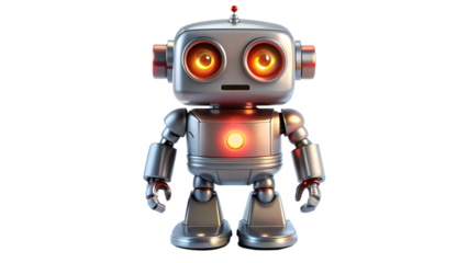 A charming silver robot isolated on transparent background, showcasing glowing red eyes and a retro design, embodying artificial intelligence and futuristic technology