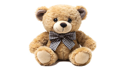 Obraz premium Cute brown teddy bear with a checkered bow tie sitting upright isolated on transparent background, a cuddly and comforting toy for children