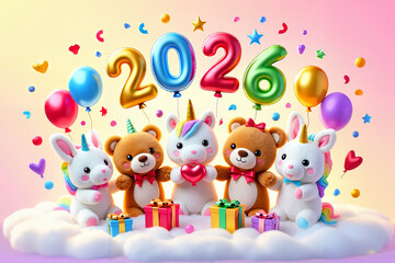 Obraz premium Cute stuffed unicorns and teddy bears joyfully celebrating 2026 new year with balloons and gifts on fluffy clouds against a pastel gradient background with copy space