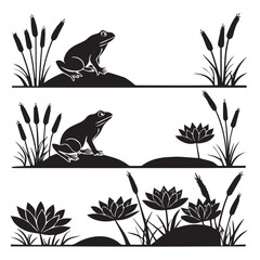 Three horizontal scenes depict frogs and water lilies isolated on white background, showcasing a serene pond environment with cattails and lily pads in a minimalist, silhouette style