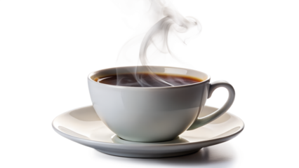 Aromatic cup of black coffee with rising steam isolated on transparent background, perfect for a morning pickmeup or a relaxing break
