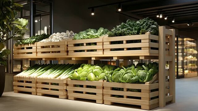 Library reading nook with Dutch librarian curating wooden crates of endive and leeks for a food literature exhibit literary organic harvest bookish vegetable display sustainable