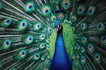 Obraz premium Detailed close-up of vibrant peacock feathers showcasing vivid colors