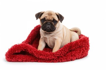 Adorable small pug wrapped snugly in a soft red blanket, sitting against a plain white backdrop