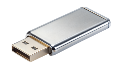 Silver usb flash drive isolated on transparent background for data storage and transfer, a portable device for computer and technology enthusiasts