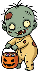 Cartoon baby zombie in yellow patched onesie holding Halloween candy bucket, cute spooky character for horror vector designCartoon baby zombie in yellow patched onesie holding Halloween candy bucket,