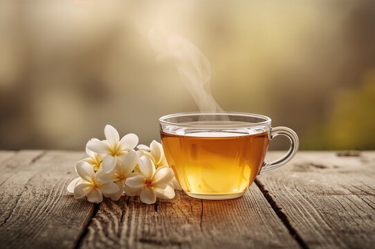 Fresh jasmine blossoms and a cup of jasmine tea resting on a wooden surface