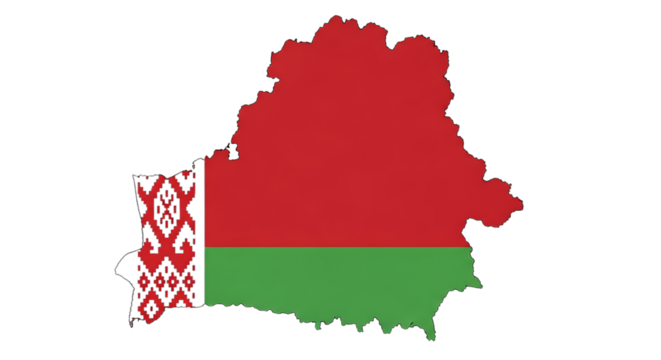 Belarus map outline with flag isolated on transparent background the national flag of belarus is horizontally striped in red and green, with a white and red ornamental pattern at the hoist end