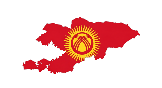 Kyrgyzstan map outline with flag isolated on transparent background the flag of kyrgyzstan features a red field with a yellow sun in the center, surrounded by forty uniformly spaced rays
