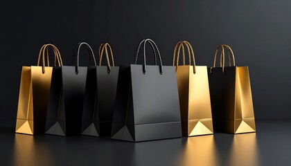 Black and gold luxury paper gift bags arranged in row on glossy surface, high-end retail shopping concept on dark background.