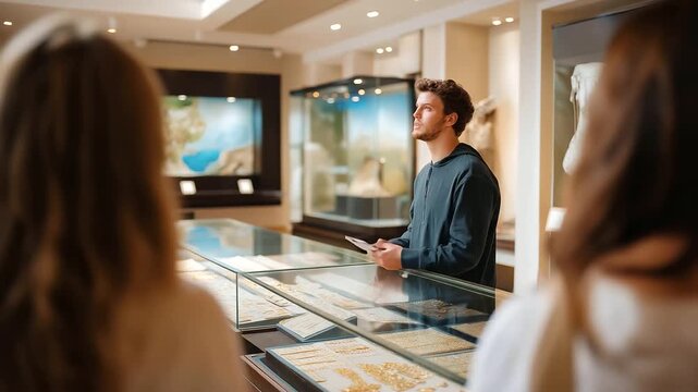 An intern guides tourists in a historical museum with artifacts displayed guidebooks in hand velvet ropes guiding paths and visitors snapping photos captured in a cultural phot