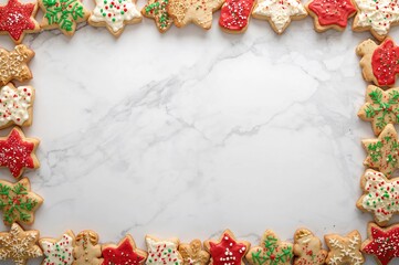 Adorable vibrant holiday cookie with a double border on a white marble surface, space for text. Top-down perspective. Festive baking theme.