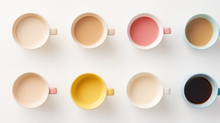 Top view of colorful mugs with beverages isolated on white background