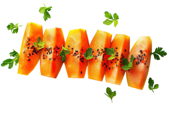 Colorful papaya slices garnished with fresh herbs arranged on a white backdrop, highlighting a healthy and vibrant lifestyle choice isolated on transparent background - Powered by Adobe