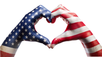 Hands painted with the american flag forming a heart shape, isolated on transparent background a symbol of love for the united states of america