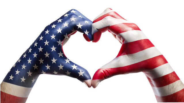 Hands painted with the american flag forming a heart shape, isolated on transparent background a symbol of love for the united states of america - Powered by Adobe