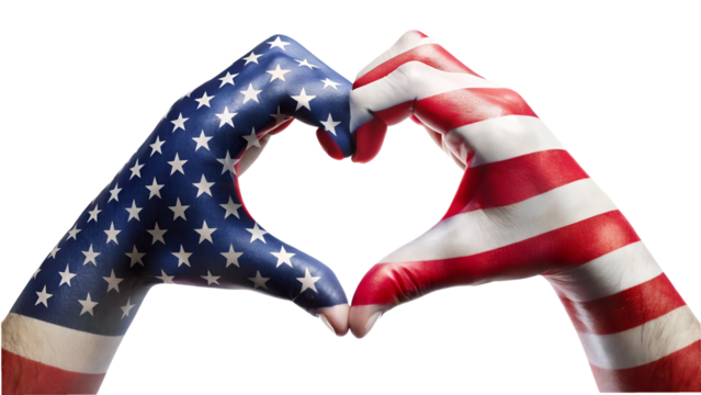 Hands painted with the american flag forming a heart shape, isolated on transparent background a symbol of love for the united states of america