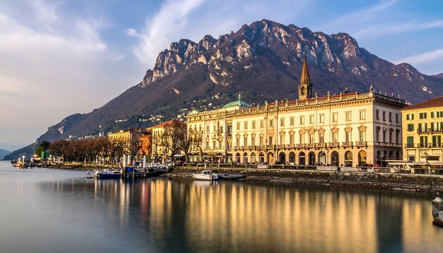 Lakeside town with mountains