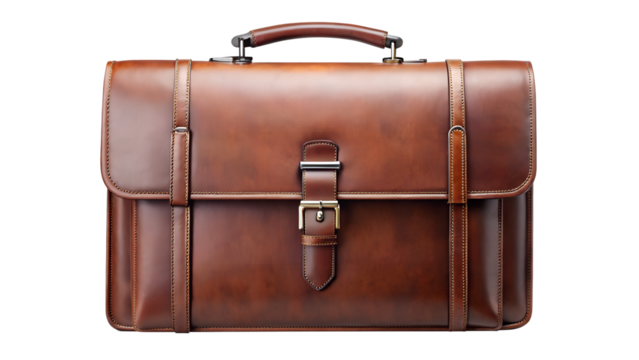 Brown leather briefcase isolated on transparent background, a stylish and professional accessory for carrying documents and essentials in a sophisticated manner