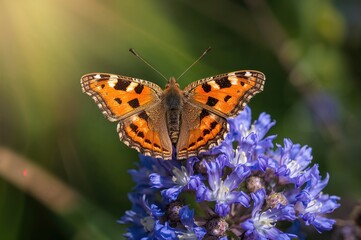 Fototapeta premium Detailed view of a vibrant small tortoiseshell butterfly, Aglais urticae, perched on bluebeard flowers, Caryopteris incana, with wings spread wide