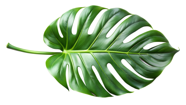 A vibrant green monstera leaf isolated on transparent background, a popular choice for adding a tropical touch to interior design and botanical themes