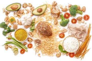 Creative arrangement of walnuts, cashew, avocado, tomato, broccoli, bread, pasta, pepper, curcuma, rice, and garlic on a white surface. Overhead view. Culinary theme. Close-up concept.