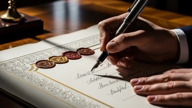 Signing document agreement contract with seal and fountain pen close up