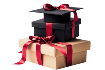 Celebrating academic achievements with beautifully wrapped gifts adorned in red ribbons, perfect for graduation ceremonies and parties isolated on transparent background