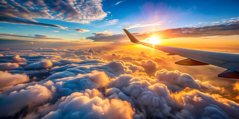 Airplane wing soars above a sea of clouds at sunset, capturing the beauty and serenity of air travel during golden hour, a scenic flight