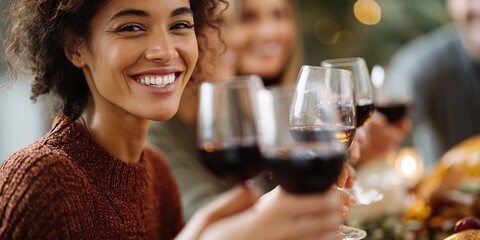 Friends toasting with wine glasses at Thanksgiving gathering Generative AI