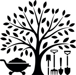 Obraz premium Black silhouette of a lush tree with gardening tools and a wheelbarrow filled with soil.