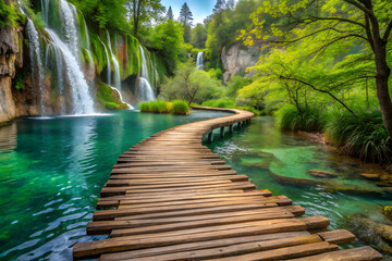 Breathtaking plitvice lakes national park scenery featuring a wooden path over turquoise water and cascading waterfalls in lush green forest
