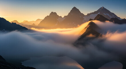 A breathtaking alpine landscape at sunrise, featuring rugged mountains, a valley filled with golden-lit clouds, and a calm lake reflecting the dramatic sky. Serene and majestic nature scene.