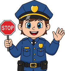 Cartoon police officer illustration with stop sign, blue uniform, and friendly expression—ideal for educational traffic safety and child-friendly content.