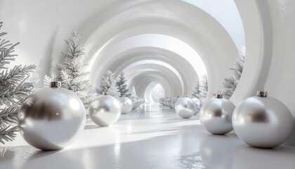 A magical winter wonderland scene with white arches, Christmas trees, and silver baubles on a snowy path.