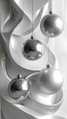 A modern vertical wallpaper with hanging silver and white Christmas ornaments against a sculptural, abstract background.